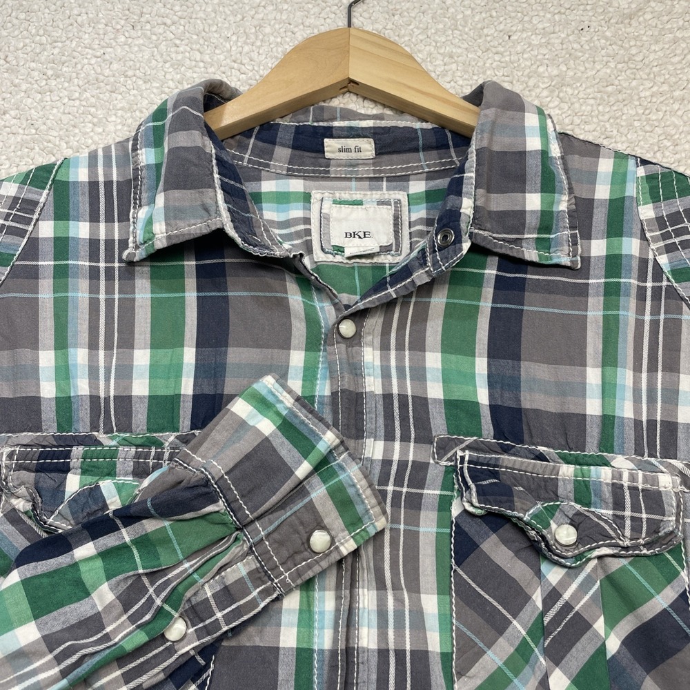 BKE Button Down Mens XL Green Grey Plaid Slim Fit Western Pearl Snap Cont Stitch